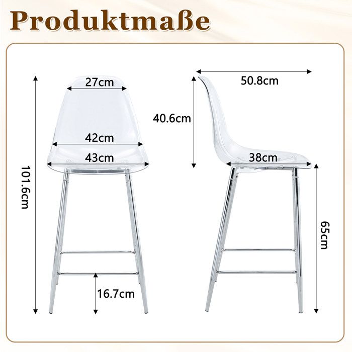 Tabouret de bar transparent lot de 2 avec repose-pieds structure en métal argenté pour cuisine salle à manger ORVRYN