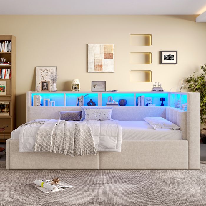 Lit combiné 1 place 90x200 cm - beige - LED intégrée USB et Type-C rangement hydraulique