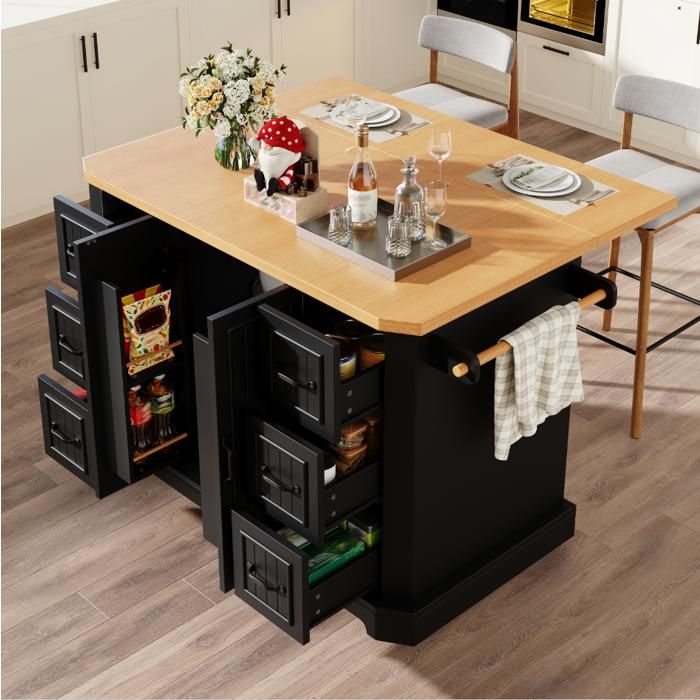 Îlot de cuisine mobile 120x45/75x91 cm avec plateau extensible 2 portes 6 tiroirs roulettes noir et bois
