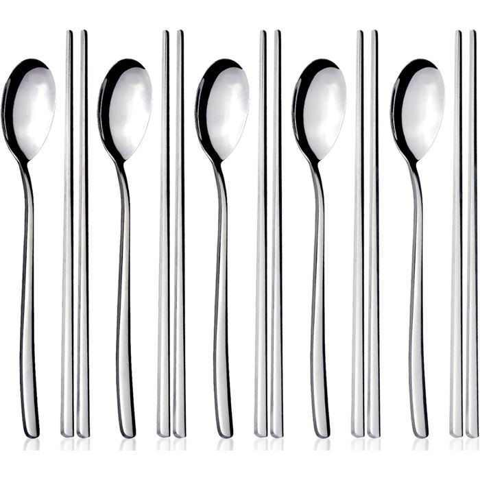 Lot de 5 Paires Baguettes et Cuillères - Acier Inoxydable 304 - Design Plat Coréen - Réutilisables - Cuisine et Voyage UMD MUSICAL