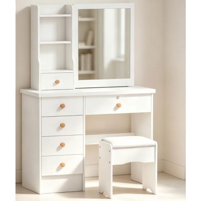 Coiffeuse 80×122×37cm miroir coulissant table de maquillage 6 tiroirs serrure étagères ouvertes et rangements cachés
