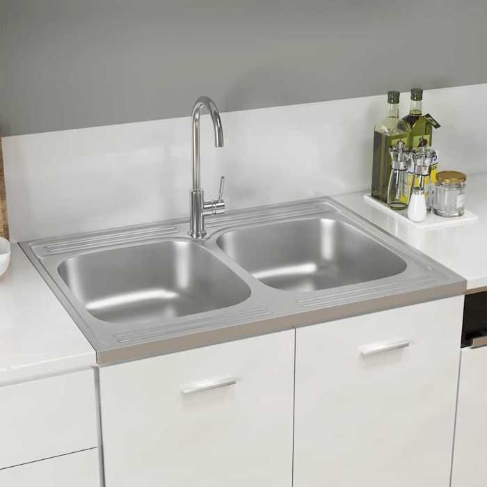 Évier de cuisine à double lavabo argenté 800x600x155 mm inox - Cadre durable - design élégant(16866)