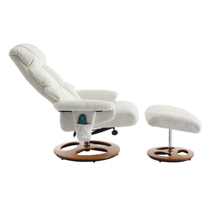 Fauteuil relax massant chauffant 1 place 360° pivotant avec repose-pieds dossier inclinable 140° chenille blanc VEVXYN