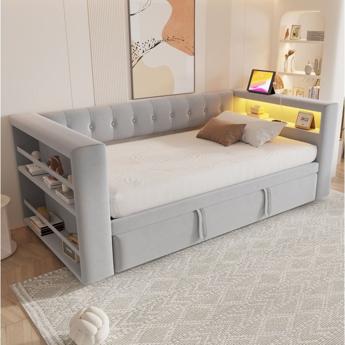 Lit combinable 180 x 190 cm avec LED rangements intégrés et chargeur - Canapé-lit multifonction gris clair