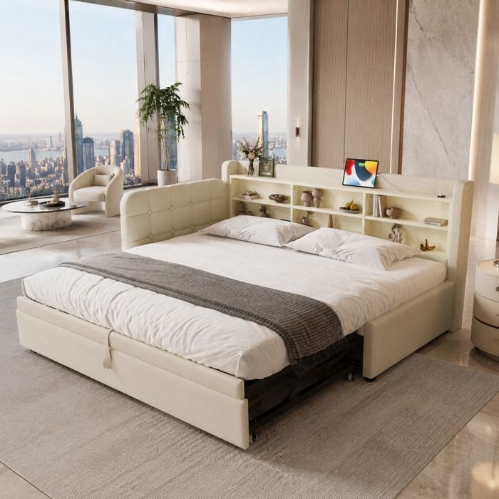 Tête de lit multifonction Daybett 90x200 cm - Tête de lit canapé rétro beige lin avec tiroir coulissant USB + Type-C et étagères