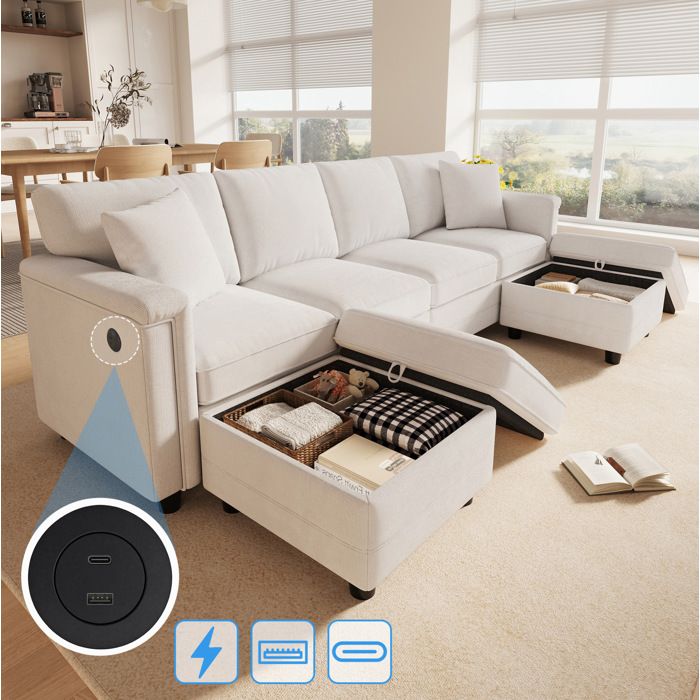 Canapé-lit 6 places modulable en chenille canapé convertible avec 2 poufs coffre USB et Type-C beige