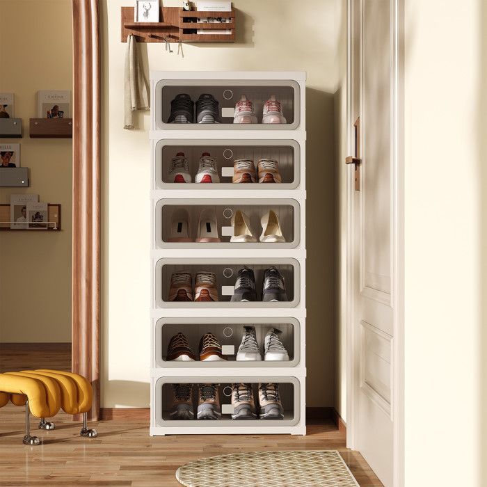 Meuble à Chaussures Pliable - 45x34 5x105 5 cm - Meuble de Rangement à 1 Colonne et 6 Niveaux - Blanc et Gris