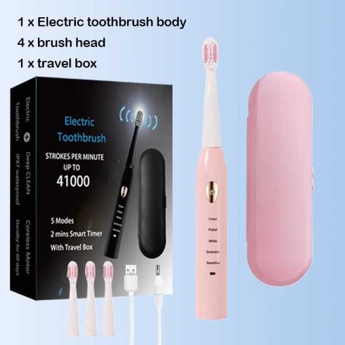 Brosse à Dents Électrique Ultrasons INTERSHOP - 4 Brosses, Charge USB, 3 Vitesses