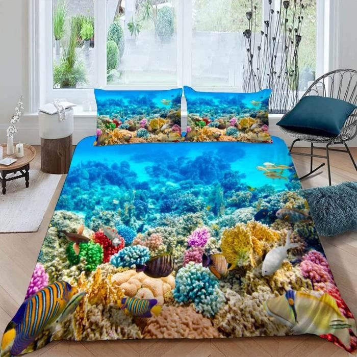 Housse De Couette Poisson Corail 140X200Cm Avec 2 Taies D'Oreiller