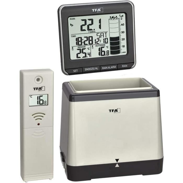 TFA Dostmann draadloze regenmeter SPLASH, 47.3006.01, buitentemperatuur en neerslaghoeveelheden, binnentemperatuur, geschiedenisfunctie, radioklok, wekker, kunststof, zwart, (L)150 x (B)44 x (H)96 mm
