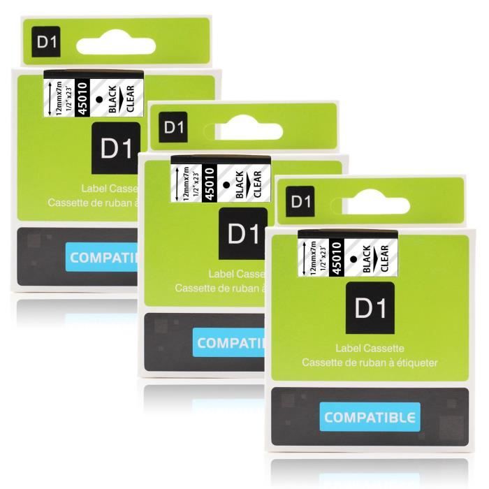 Labelwell 12mm Compatible Dymo D1 45010 S0720500 Noir sur Transparent Ruban-Étiquette pour Dymo LabelManager 160 280 260P 360D 500TS LabelWriter 450 DUO LabelPoint 150 250 1/2 x 23,12mm x 7m 