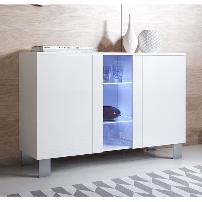Buffet Bahut 3 portes 2 étagères vitrine LED 120 x 82 x 40 cm Couleur Blanc Finition Brillante Pieds Alu LUKE A1