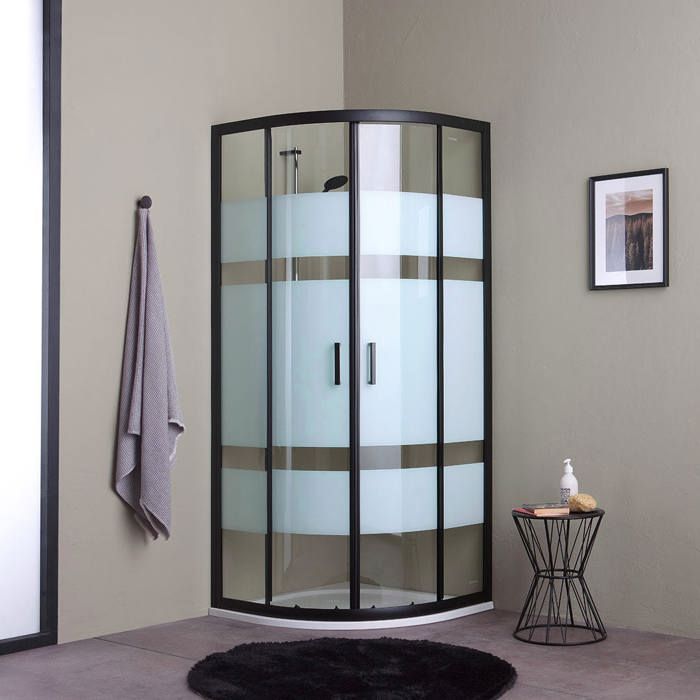 PAROI DE DOUCHE SEMI-CIRCULAIRE 80X80 VERRE SÉRIGRAPHIÉ CADRE NOIR MAT CITY