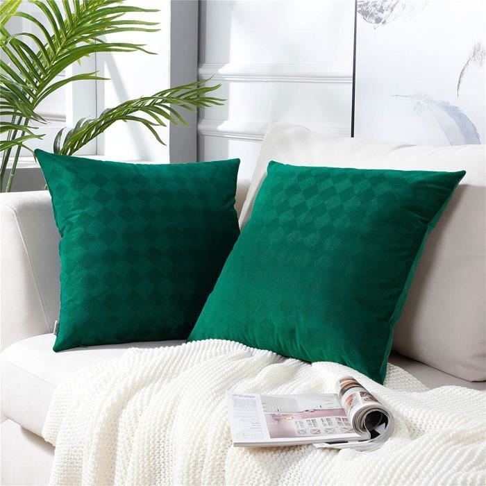 Pack de 2 housses d'oreiller décoratives vert sauge avec pom-poms, ensemble  de coussins carrés solides en velours côtelé doux (vert sauge)