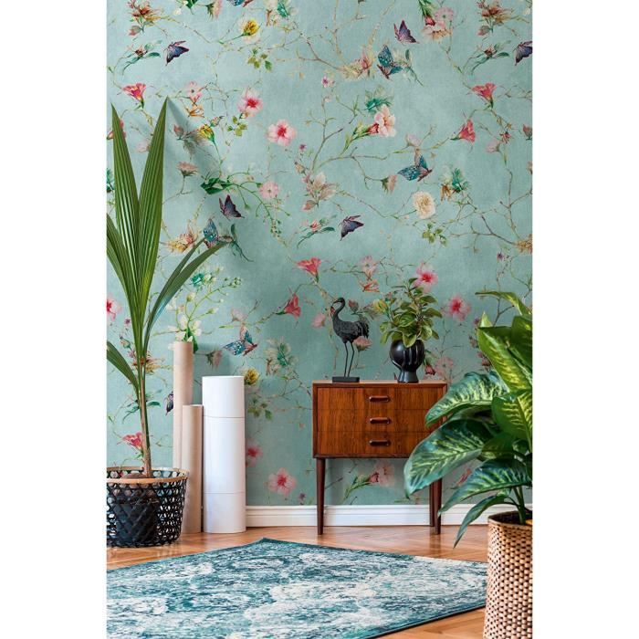 Papier Peint Non Tissé – Papillons Floraux Turquoise Vert Rose Mural Différentes Pièces