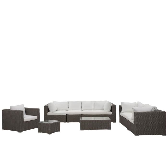 Beliani - Salon de jardin 8 places en rotin gris-beige avec coussins blancs MAESTRO II Beliani - Salon de jardin 8 places en rotin gris-beige avec coussins blancs MAESTRO II