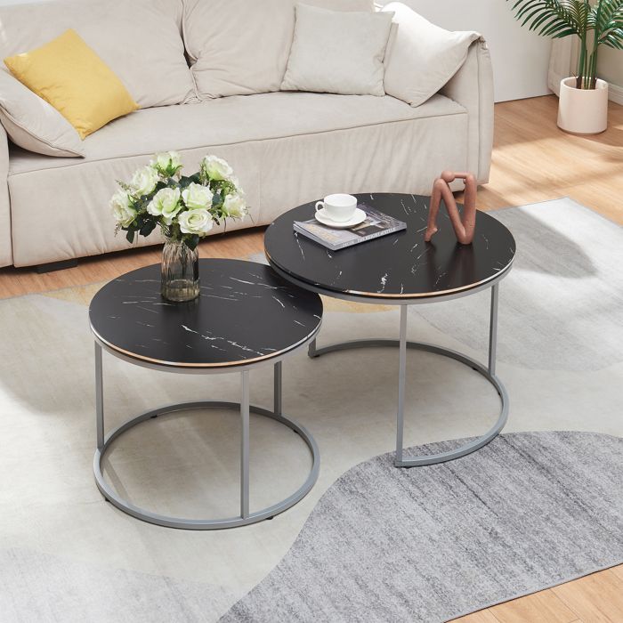 En.Casa] – Lot de 2 tables d'appoint gigognes en marbre blanc – Plateau rond en panneau de particules – Pieds en métal argenté – Dimensions 43x60cm et 50x70cm