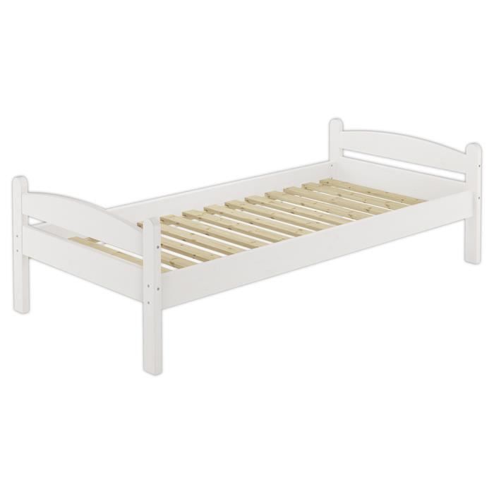 Lit solide pin massif blanc 90x200 lit enfant y compris sommier à lattes en bois 60.32-09W Lit solide pin massif blanc 90x200 lit enfant y compris sommier à lattes en bois 60.32-09W