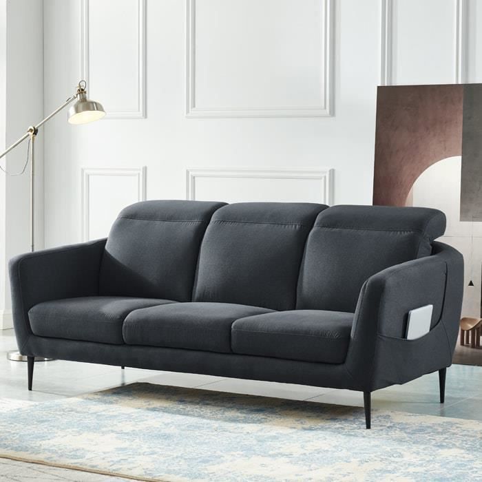 canape scandinave 3 places en tissu gris avec tetieres relevables et pietement en metal noir collection luna cdiscount maison