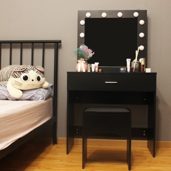 Coiffeuse HOMCOM Noire Avec Tabouret, Miroir Et Rangements - Design Contemporain
