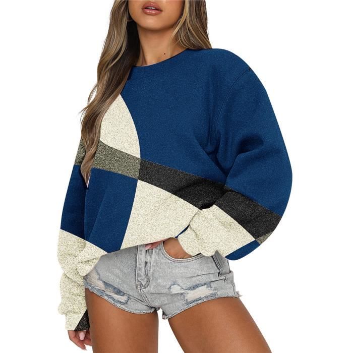 Sweat Femme Sasaquoy Pull a capuche ample de sport a la mode haut decontracte a manches longues col rond pull imprime Bleu Bleu Cdiscount Pret a Porter