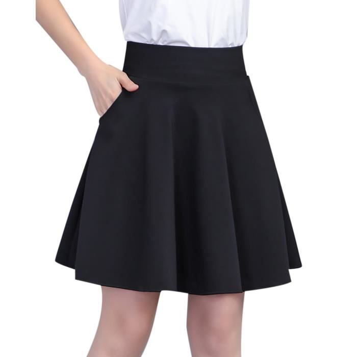 Femme Midi Jupe Plissee aux Genoux Taille Ajustable avec Poche Retro Patineuse Fille Elastique Noir 2XL Waist 80 87 CM Noir Cdiscount Pret a Porter