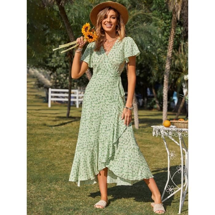 Robe Longue d'été Femme Robe en Col V Bohème Imprimé Floral Wrap Elégant Robe à lacets Manches Courte-Vert