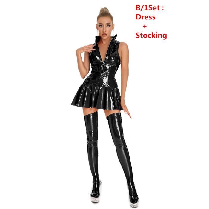 Body Femme Simili Cuir Effet Mouillé Métallique Argenté - Fermeture Éclair, Taille M/B