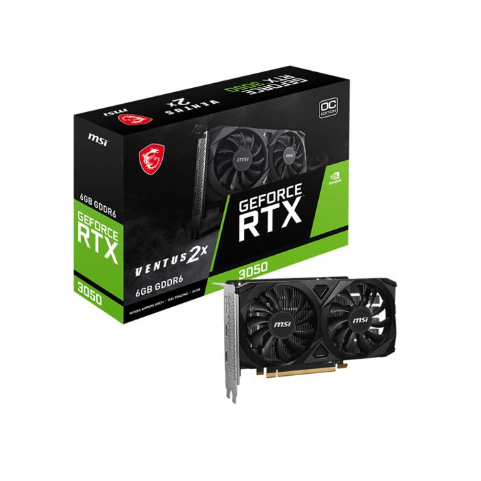 MSI VENTUS GeForce RTX 3050 2X E 6G OC. Processeur graphique famille NVIDIA Processeur graphique GeForce RTX 3050. Mémoire carte graphique distincte 6 Go Type de mémoire de ladaptateur graphique GDDR6 Mémoire Bus 96 bit. Résolution maximale 7680 x 4320 pixels. Version DirectX 12 Ultimate Version OpenGL 4.6. Type dinterface PCI Express x8 4.0. Type de refroidissement Actif Nombre de ventilateurs 2 ventilateur(s)