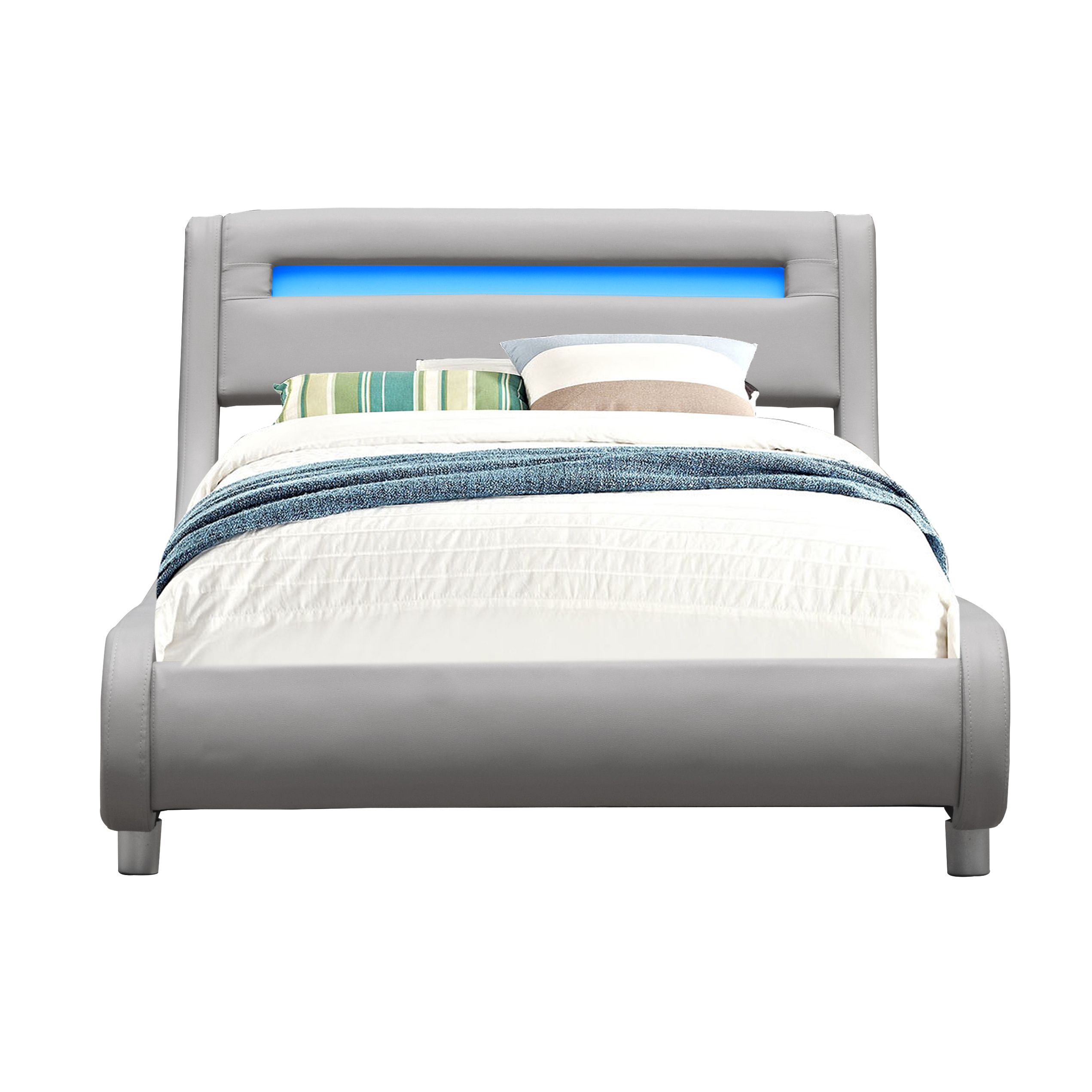 Lit gina pour matelas 90x190 - Sommier Tte de Lit Incurvee Couleur GRIS Pieds en 5 cm - 13 Lattes - revetement PVC