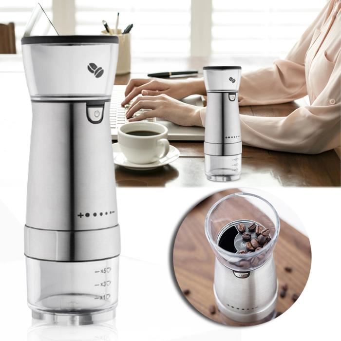 Moulin à Café électrique Rechargeable ELMWAY - Meule Conique Inox, Réglage De Mouture Externe, Portable Et Silencieux
