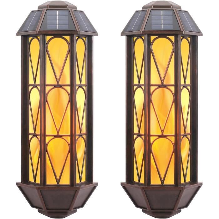 Lanterne Solaire Extérieur Vintage 2 Pièces - Effet Flamme Dansante - IP65 - Pour Jardin, Terrasse, Camping