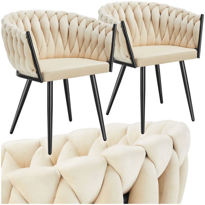 Chaise - TECTAKE - Lot de 2 fauteuils ASTANO en velours et design noué avec pieds fin en acier 605 x 55 x 75 cm - Sable
