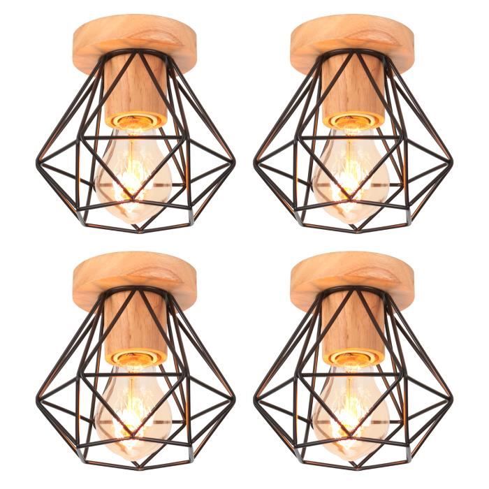 TOKIUS Lot de 4 Plafonnier industriel en Métal Bois Lustre Abat-jour 15CM Luminaire E27 Noir pour Salon Chambre Cuisine