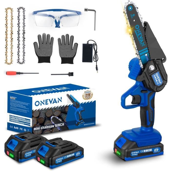 Mini Tronçonneuse Électrique Sans Fil 6 Pouces (15 Cm) - 880W, 2 Batteries 21V 1500mAh, Système De Graissage Auto, Sécurité Renforcée - Idéale Taille Branches, Bois - 3 Chaînes Incluses