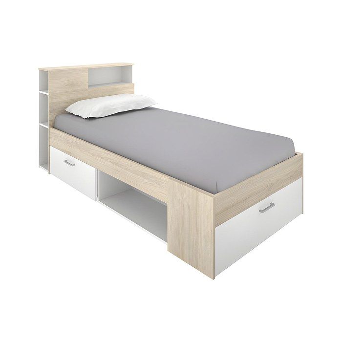 Lit avec tête de lit rangements et tiroir - 90 x 190 cm - Blanc et Naturel - LEANDRE