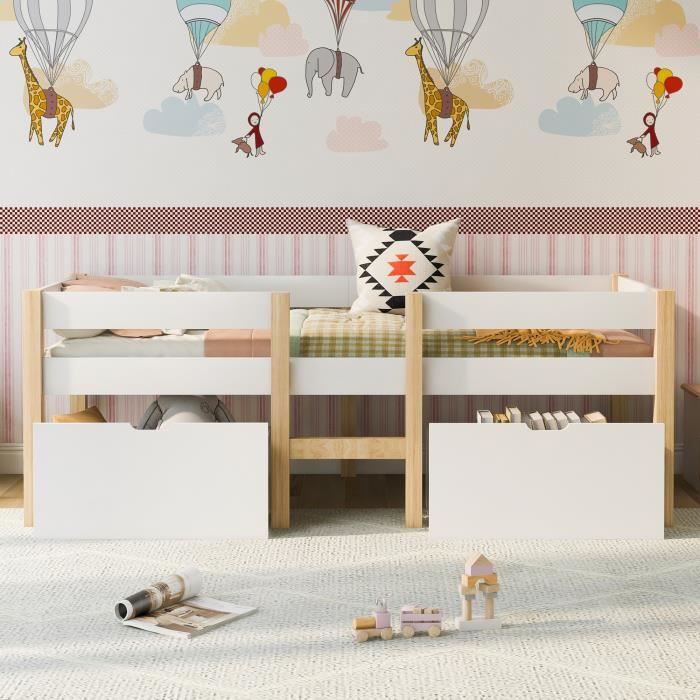 lit mi-hauteur 90x200cm - vgeby - blanc et chêne - avec tiroirs - contemporain - design