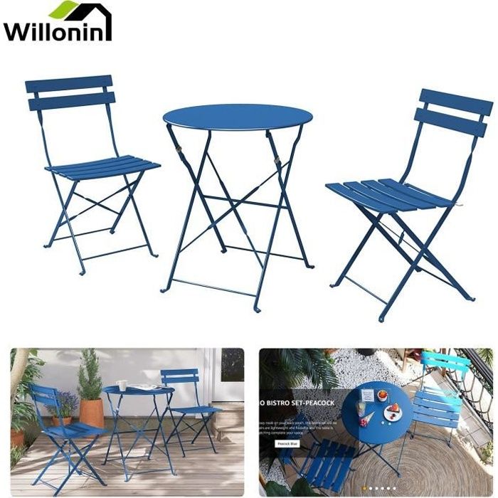 Willonin® Table bistro rond Ø 60 cm et 2 chaises pliant, Salon de jardin, Idéaux pour balcon, camping, cour extérieur, Bleu foncé