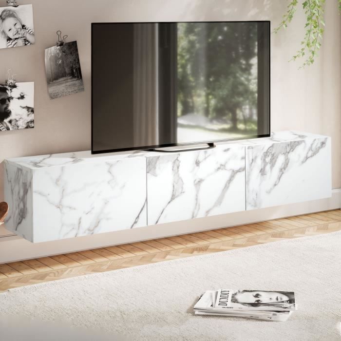 WOHNLING Meuble TV Suspendu 160 cm Lowboard Aspect Marbre Blanc Commode TV Mural WOHNLING Meuble TV Suspendu 160 cm Lowboard Aspect Marbre Blanc Commode TV Mural
