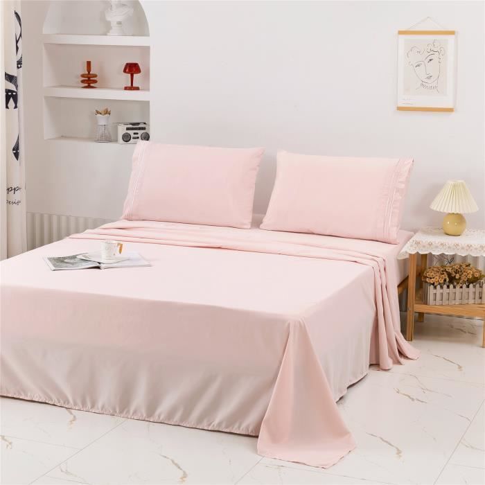 Parure De Lit 4 Pièces en Microfibre - Drap Housse 152*203cm - Drap Plat 2 Personne 228 x 259 cm - 2 Taie doreiller 50x76cm J