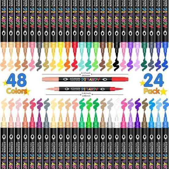 Lot De 176 Marqueurs Acryliques - Double Pointe (Pinceau/Feutre) - Pour Roche, Tissu, Bois, Verre