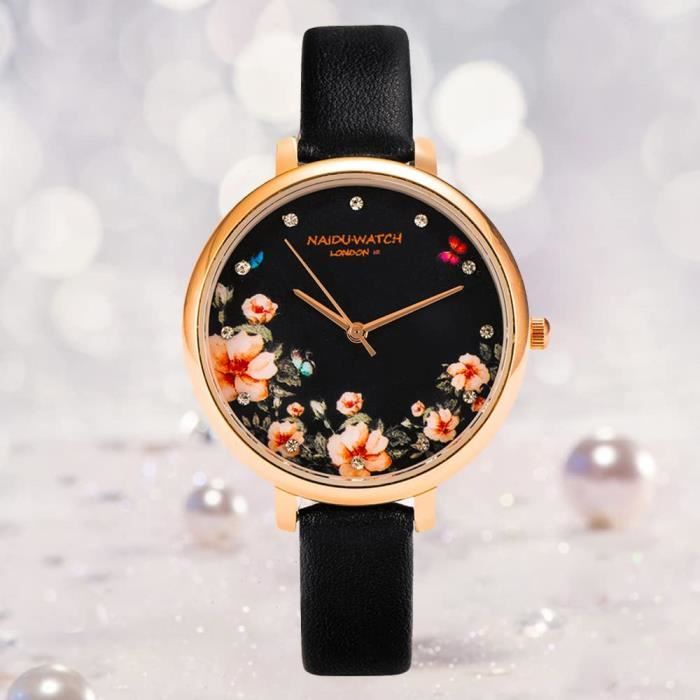 Montre Femme Bracelet Fin Largeur 10 mm Cuir Noir Look Grand