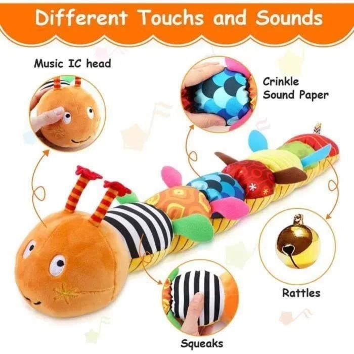 Jouet Musical Chenille En Peluche – Hochet, Grincement, Papier Froissé, Mélodie – Règle De Croissance Incluse – Dès 0 Mois