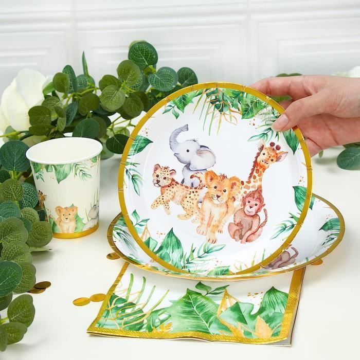 JAHEMU Jungle Animaux Fête Fournitures Vaisselle Anniversaire Animaux  Assiettes Serviettes Tasses Vaisselle de Fête pour Fête d'Enfants, Fête de  la