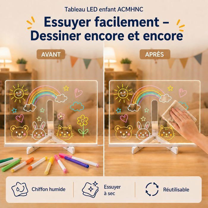 Tablette Lumineuse Dessin Enfant, Rechargeable Tableau Lumineux Effaçable 7 Couleurs avec Stylo Support Réglable,Tablette Ecriture - Jeux - Jouets