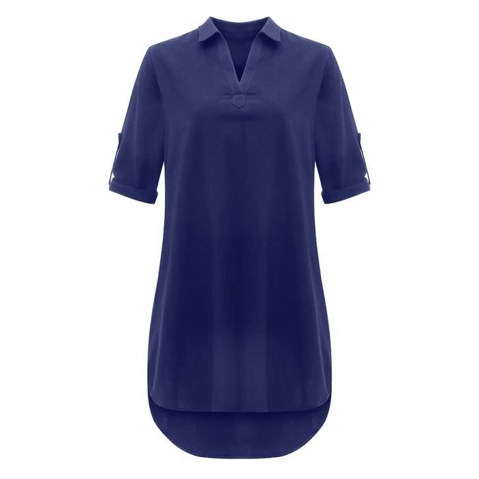 Mode femmes grande taille en lin de coton solide col rabattu robe