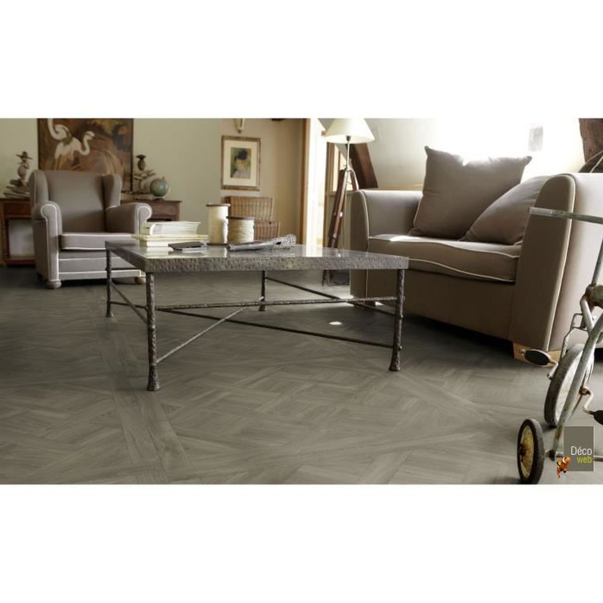 4x6m Sol Lino Imitation Parquet Haussmannien Gris Fonce