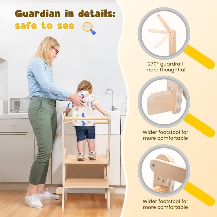 Bureau Enfant - Tour D'observation Enfant – Marche Pied Enfant Type Montessori, Fonction Siège, Hauteur 45 Cm, Tour D'Apprentissage, Pliable, Bois De Bouleau, Vernis UV, Noir, Ferrures Argentées