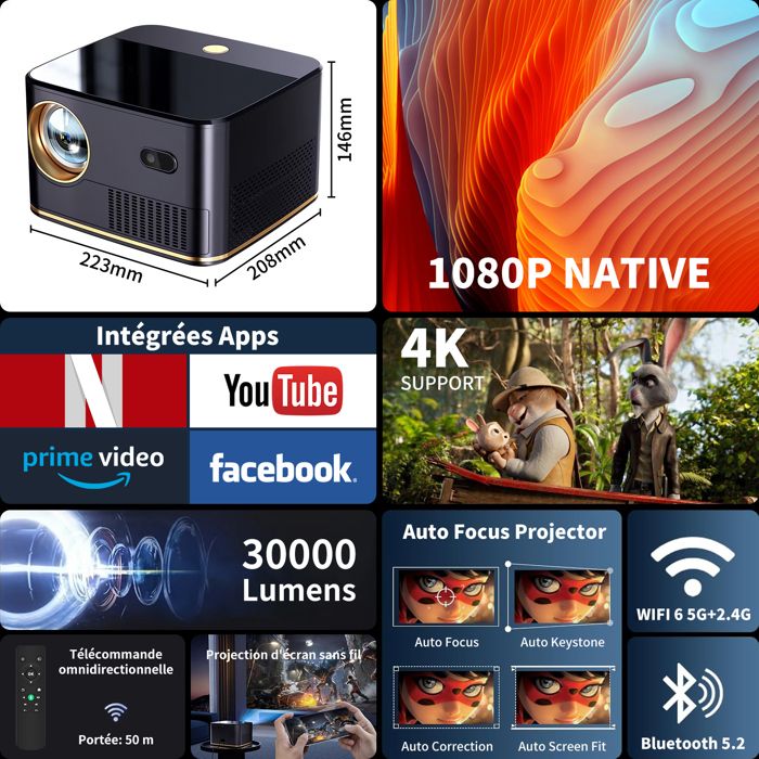 Built-in App] Vidéoprojecteur 2026 Upgraded with WiFi 6 and Bluetooth 5.4, Mini Projecteur avec Auto Focus & Keystone Correction 90° Rotation, Projecteur Compatible with HDMI/TV Stick/Laptop-Blanc