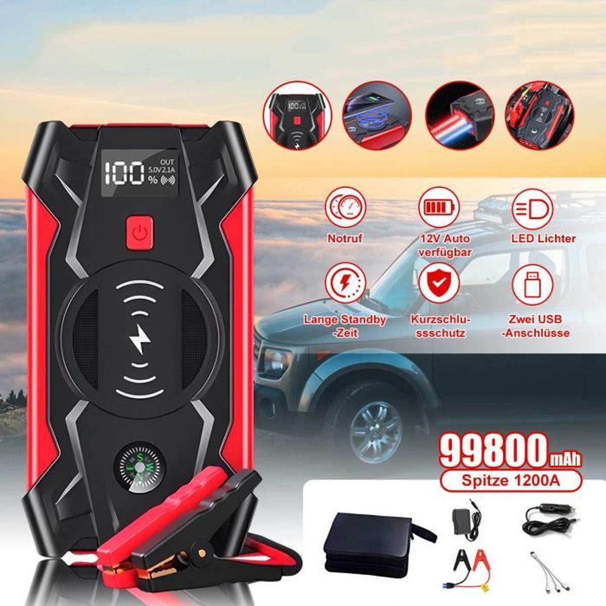 Booster Batterie 1200A 99800mAh Démarreur De Batterie Portable Jump